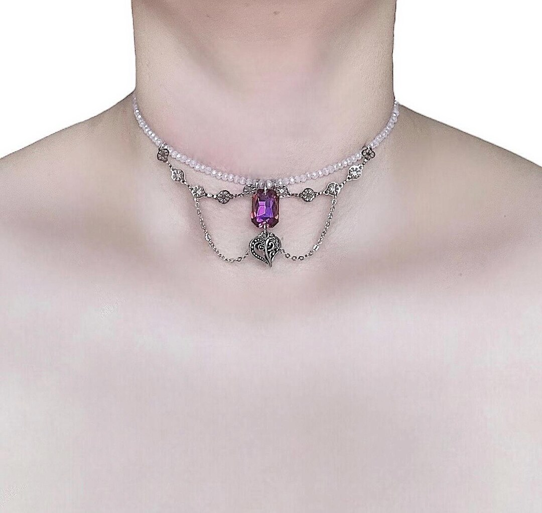 Pink Rhinestone Choker Elegant Pink Crystal Beaded Choker With Silver Heart Pendant - Etsy