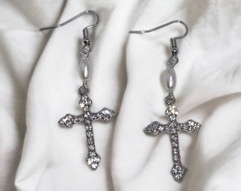 Pearl and  Rhinestone Cross Earrings | Victorian Gothic Inspired