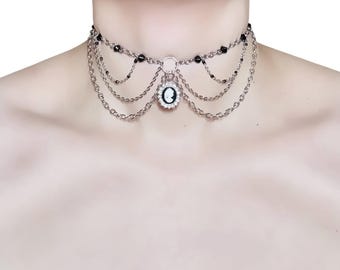 Silver Draped Choker: Rhinestone Cameo, Acrylic & Seed Beads, Regencycore