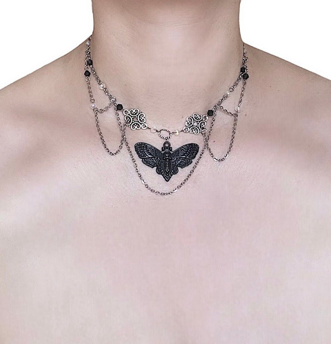 Black Moth Draped Chain Necklace With Black Glass Beads - Etsy