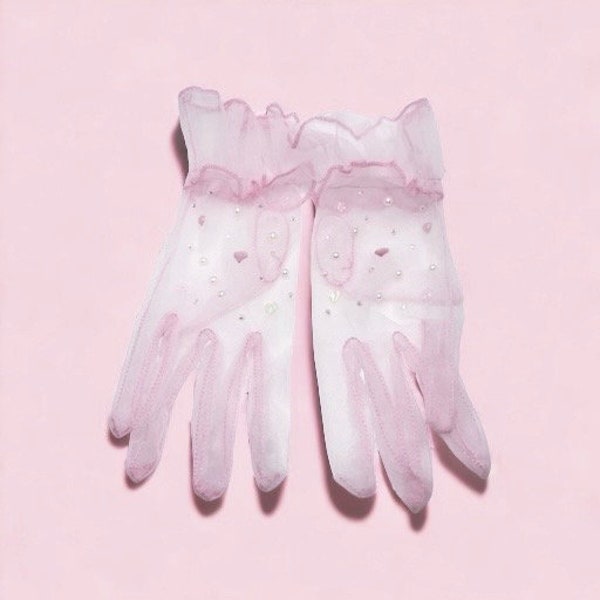 Pink Ruffle Gloves Embellished with Rhinestones,  Faux Pearls, Acrylic Hearts and Flowers | Coquette Inspired