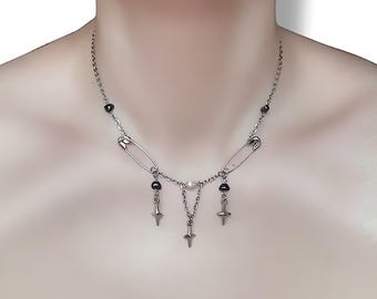 Dishowme Set di 3 collane e orecchini a forma di croce gotica, vintage, punk, vampiro, crocifisso, set di gioielli per donne religiose cristiane pregare, Misura unica, Lega di acciaio, Nessuna pietra