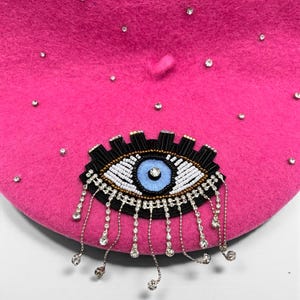Pink Rhinestone Eye Beret: Handmade Quirky Hat