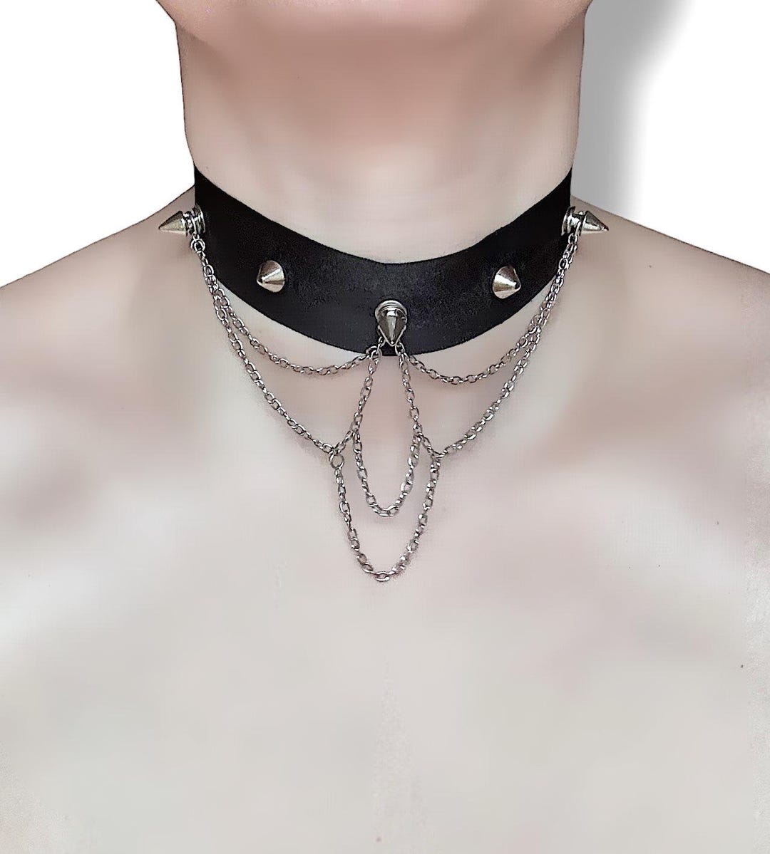 Black Satin Eyelet Choker With Silver Spikes and Silver Chains - Etsy