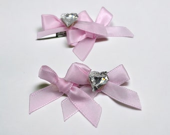 Pink Double Bow Hair Clips with K9 Crystal Heart Rhinestones | Coquette Inspired