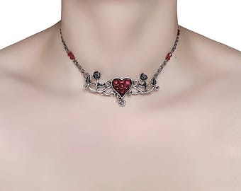Handgemachte Gothic Crimson Rose Herz Choker - Versilberte Blumenranken