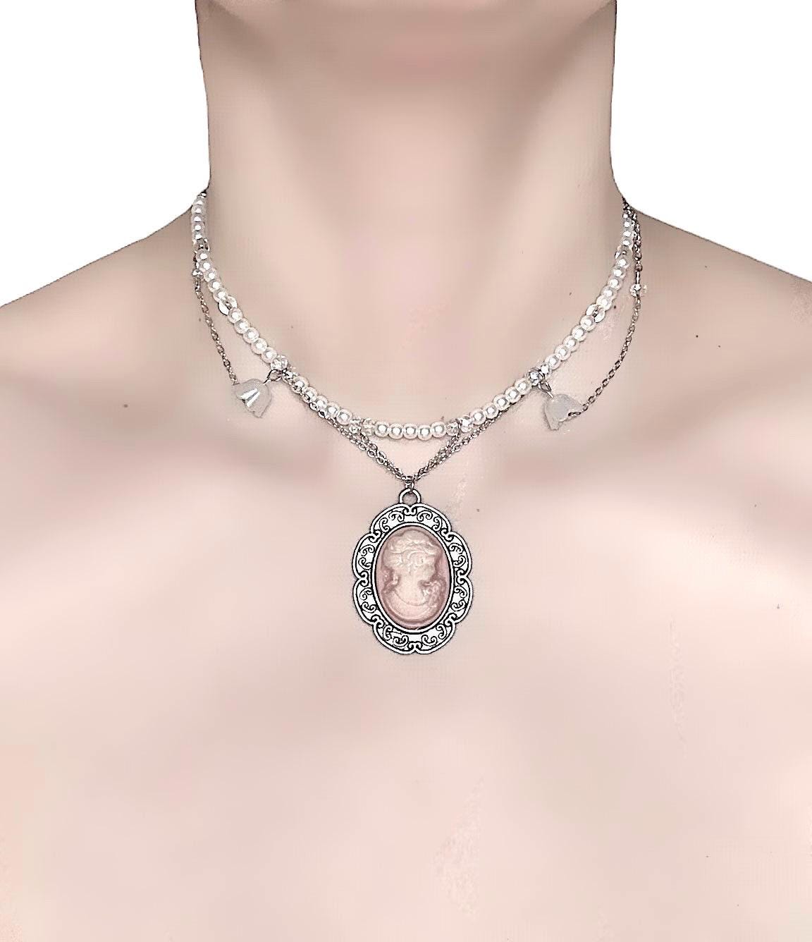 Faux Pearls and Glass Bead Necklace with Silver Chains, Flower Beads and Pink Cameo