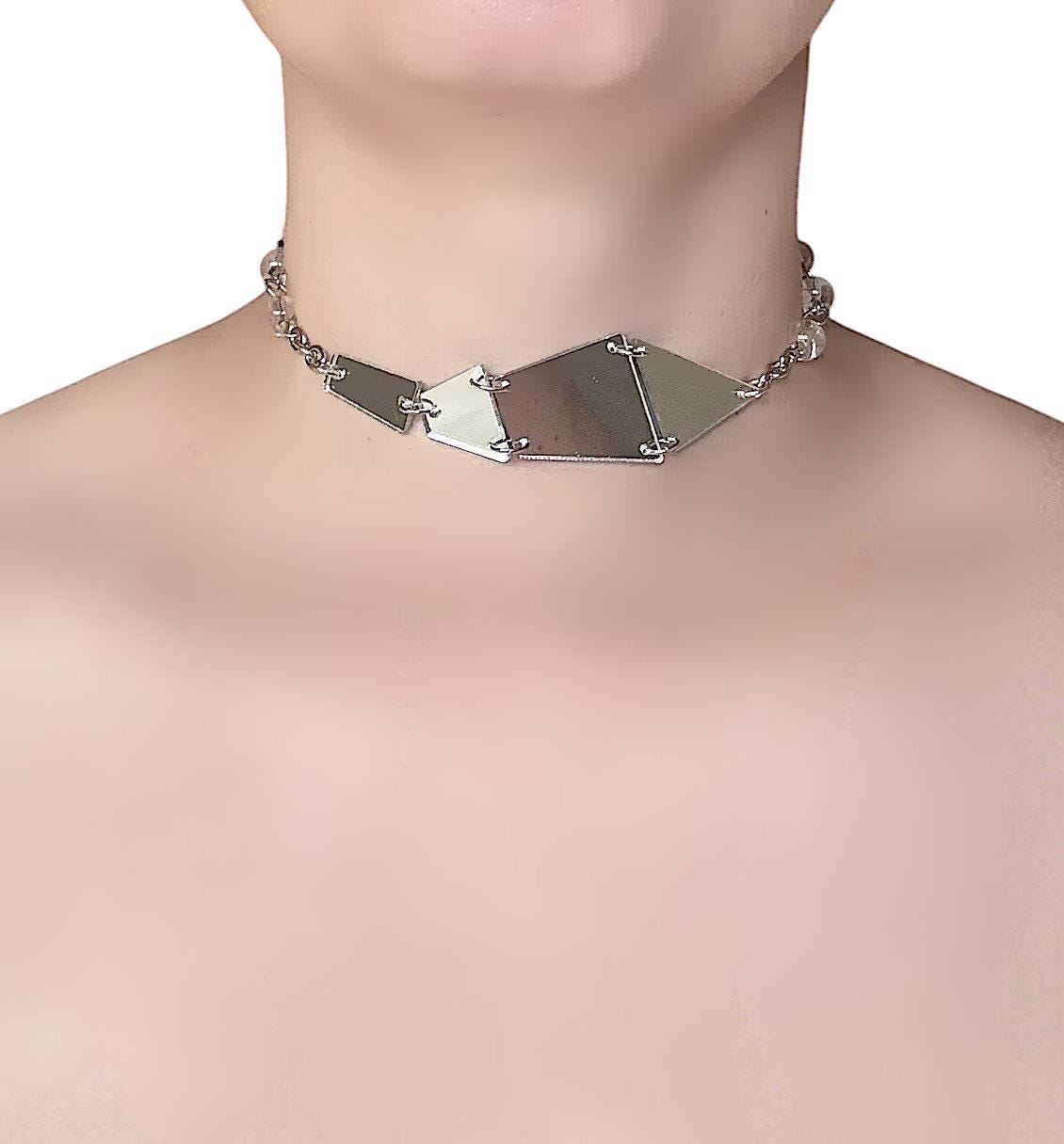 Mirror Shard Choker – Geometric Silver Statement Necklace With
