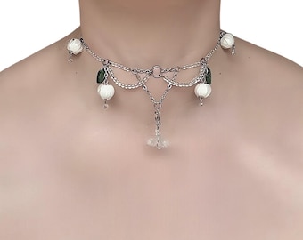 Milkberry Manor Choker with White Lampwork Flowers and Green Leaves