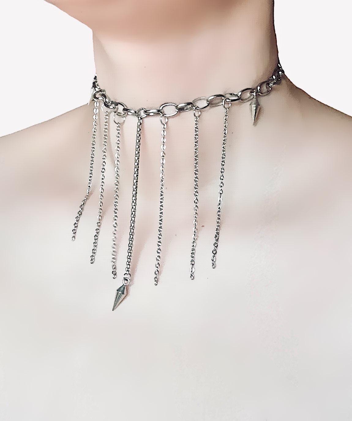 Silver Chunky Chain Choker With Drop Chains and Pendulum Charms