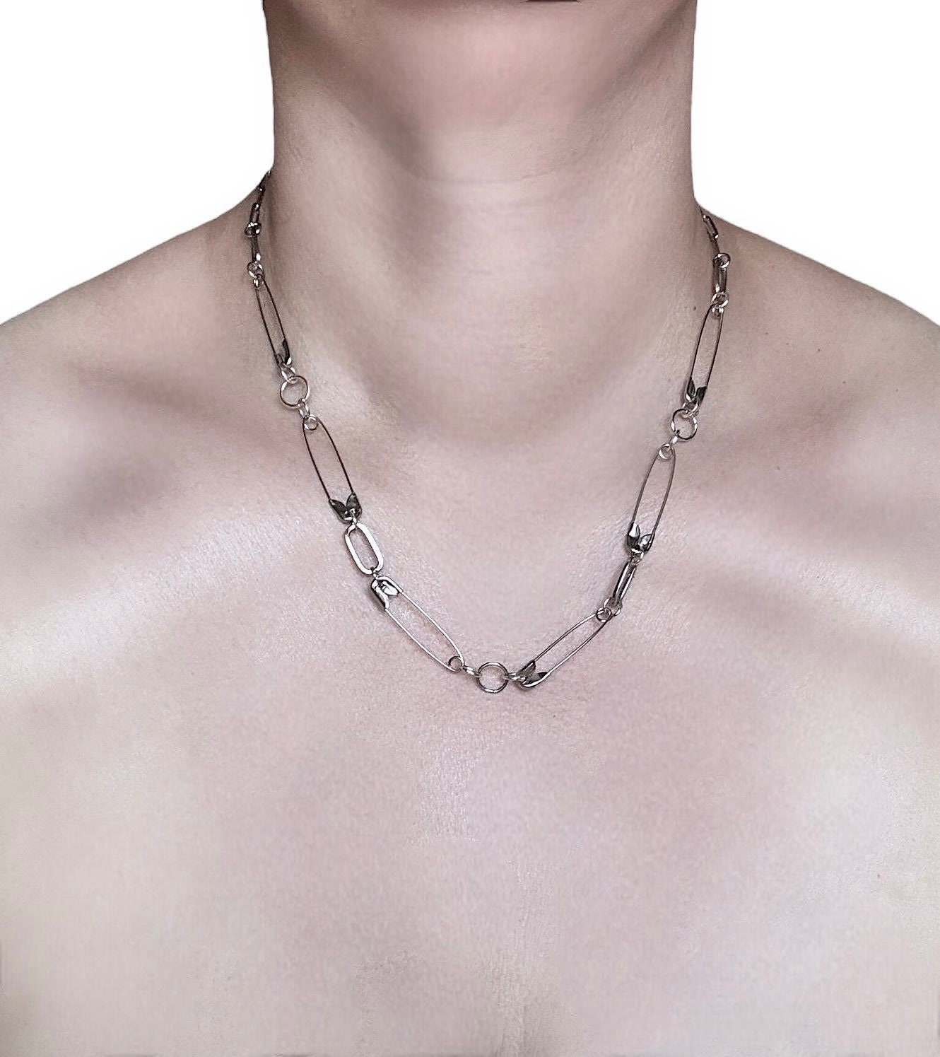 Two Way Safety Pin Necklace With Oval Connectors and a Carabiner