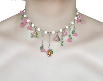 Pink Flower Glass Strawberry Bead Charm Necklace – One of a Kind Jewellery Fairycore Choker