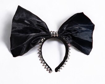 Black Oversized Bow Headband with Silver Spikes  | Alt Inspired