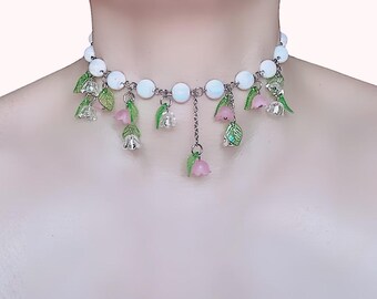 Handmade Floral Bell Choker – Pink Flower, Pearl, Fairycore Necklace