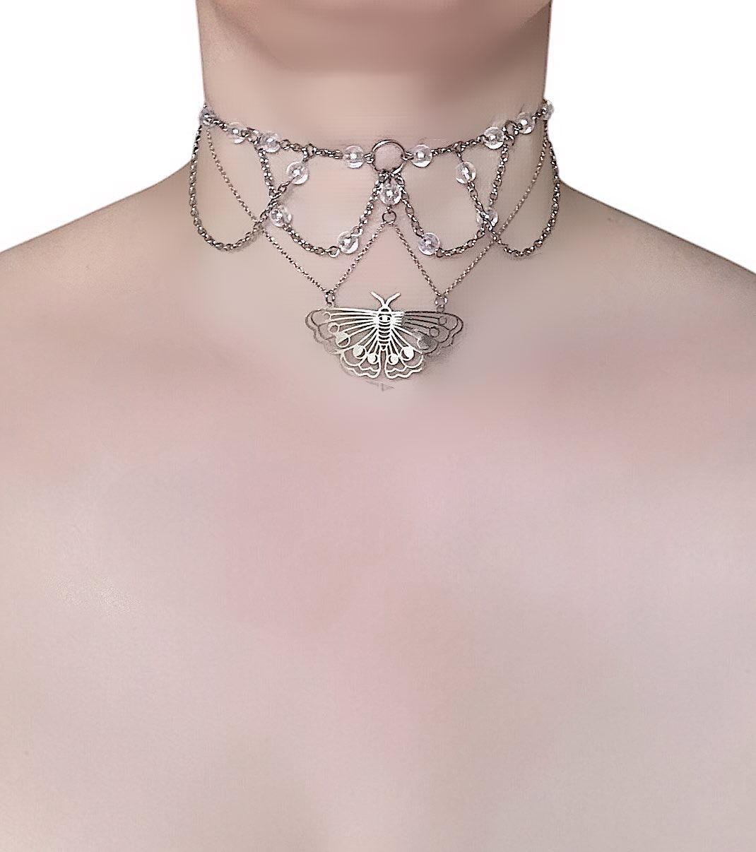 Whispers of Moonlight Draped Chain Choker With Iridescent Beads