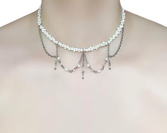 Handmade Glass Rice Bead Choker, Silver Chain Draped Necklace