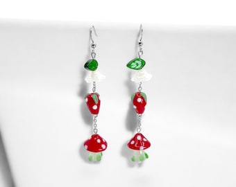 Fairycore Strawberry & Toadstool Drop Earrings – Glass Bead Cottagecore Mushroom Jewelry, Whimsical Woodland Style