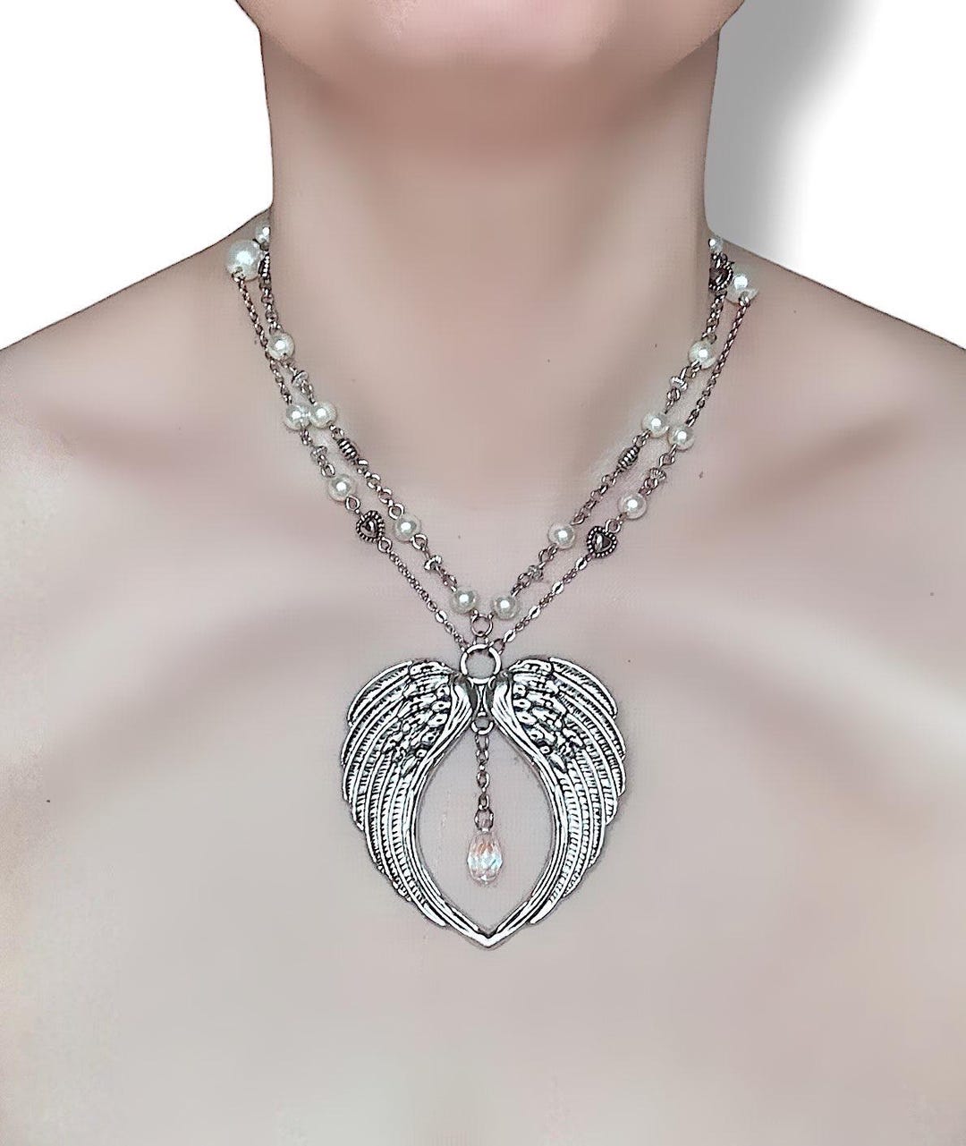 Angel Chain Angel Wings Draped Silver Chain Necklace With Silver Hearts, Faux ...
