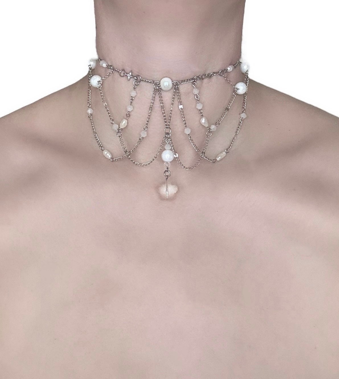 Silver Draped Choker: Baroque Pearls, Glass Flower, Fairygrunge Necklace