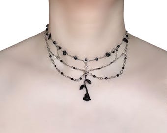 Black Rose Choker Necklace, Layered Gothic Chain Necklace, Dark Romantic Statement Jewellery, Alt Fashion