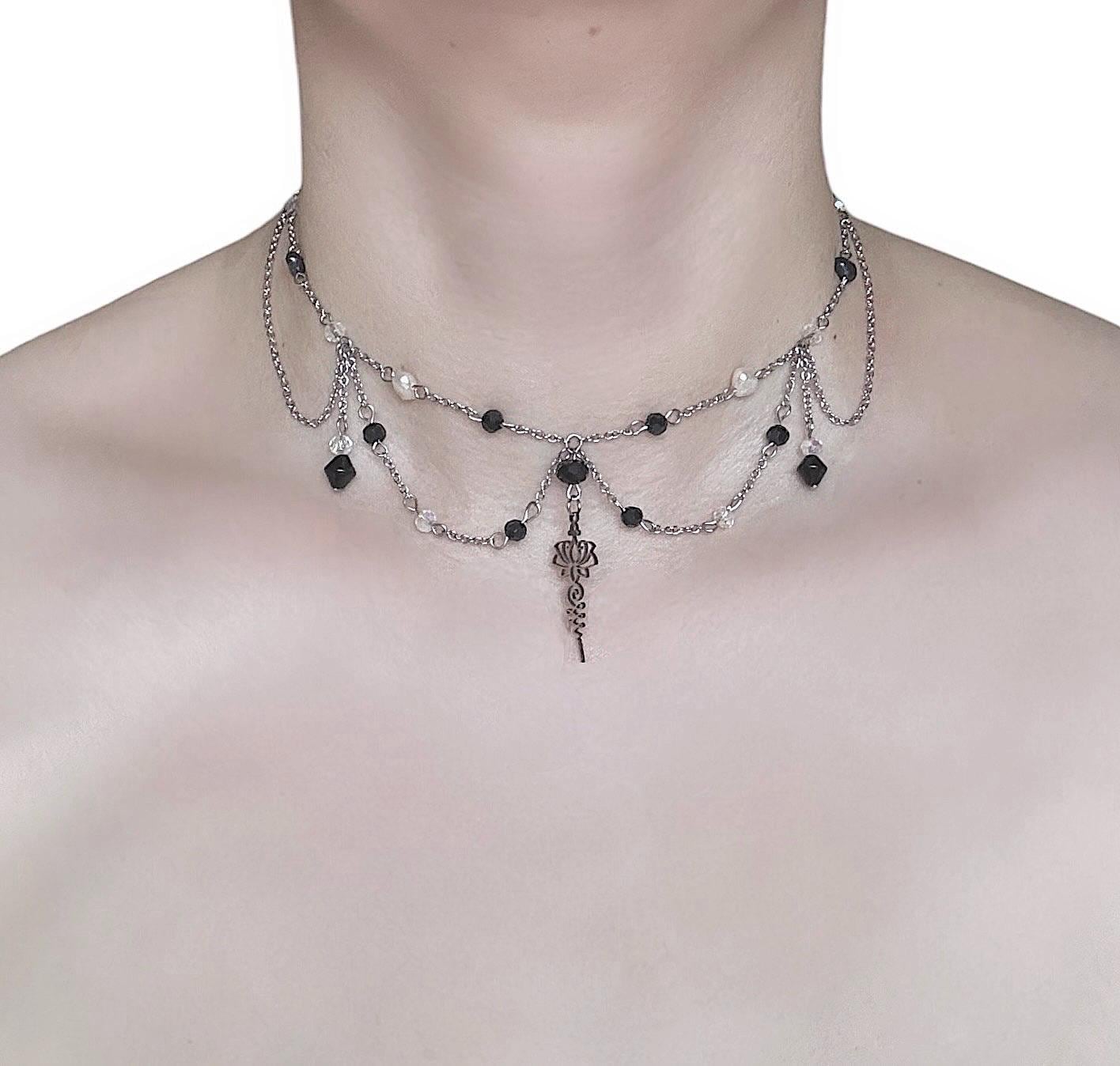 Draped Silver Chain Necklace: Black Glass Beads, Baroque Pearl
