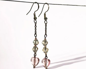 Silver Chain, Glass Beads and Pink Acrylic Heart Earrings | Coquette Inspired
