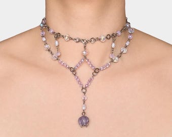 Pink Crystal Beaded Choker, Floral Pendant, Fairycore Coquette Necklace