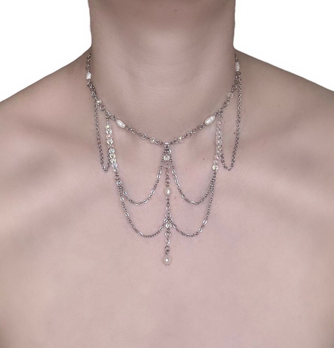 Draped Silver Chain Necklace With Faceted Glass Beads, Rice Pearls and ...