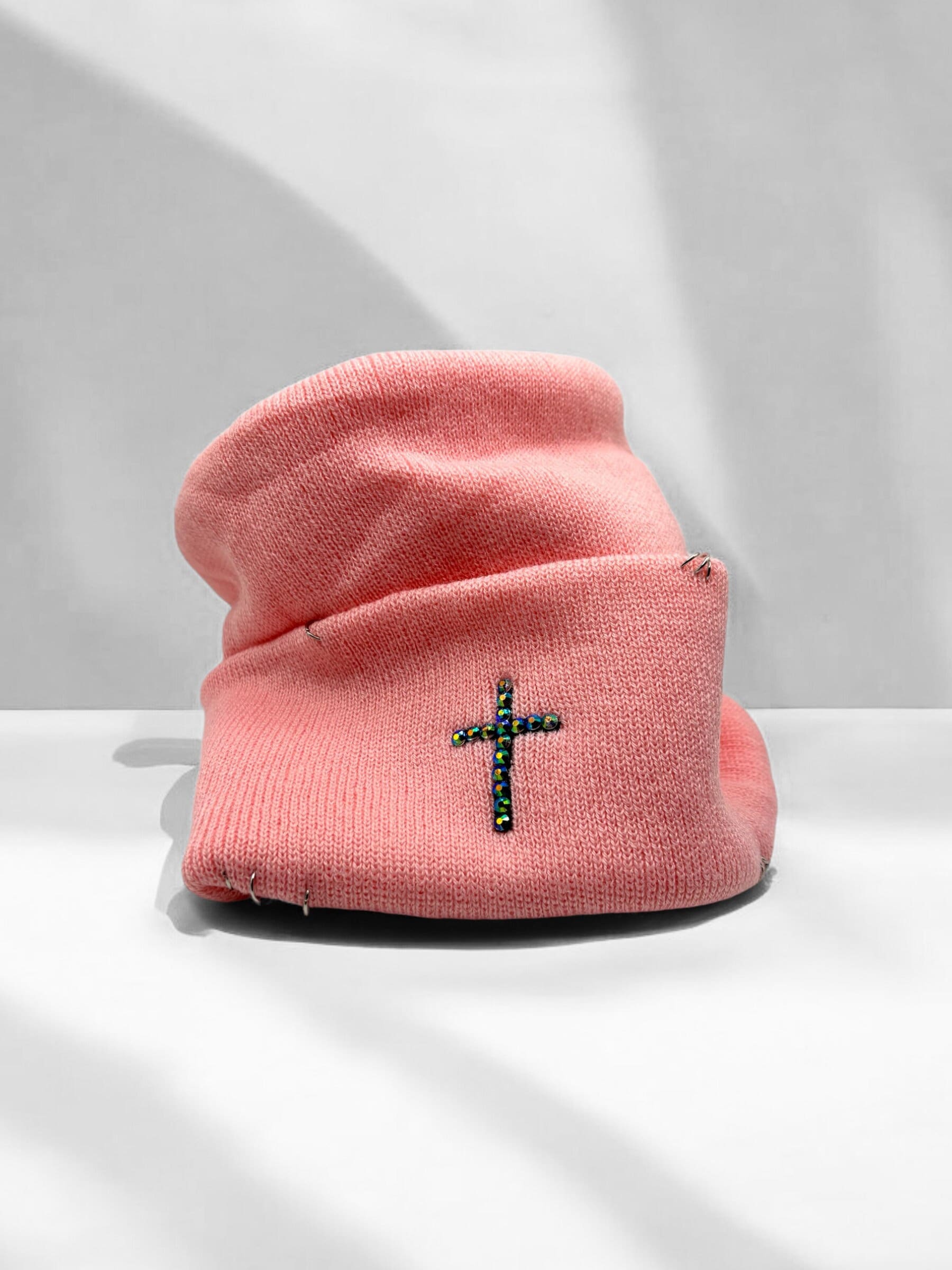 Pink Beanie with Silver Accents Hot Pink Beanie with Matching Pink Raccoon Pom Pom  main image 4