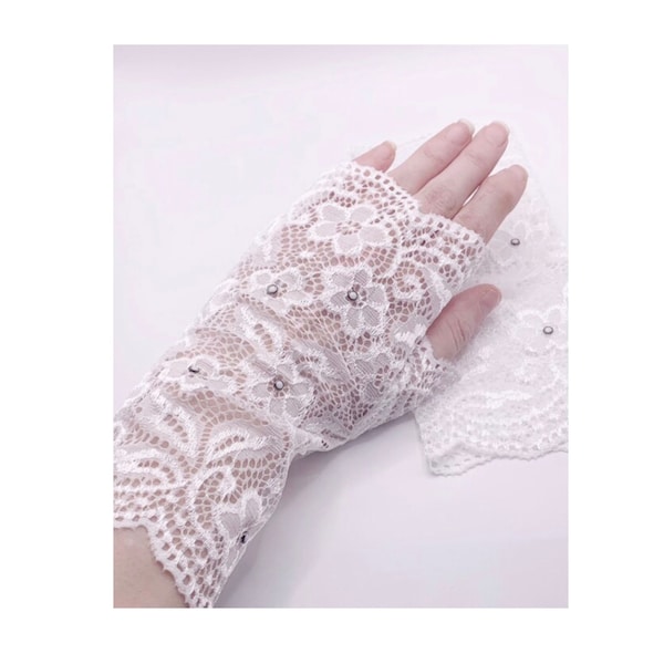 White Lace Fingerless Gloves with Small Faux Pearls | Coquette Inspired