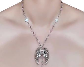 Angel Wings Pendant Necklace with Pink Glass and Shell Beads