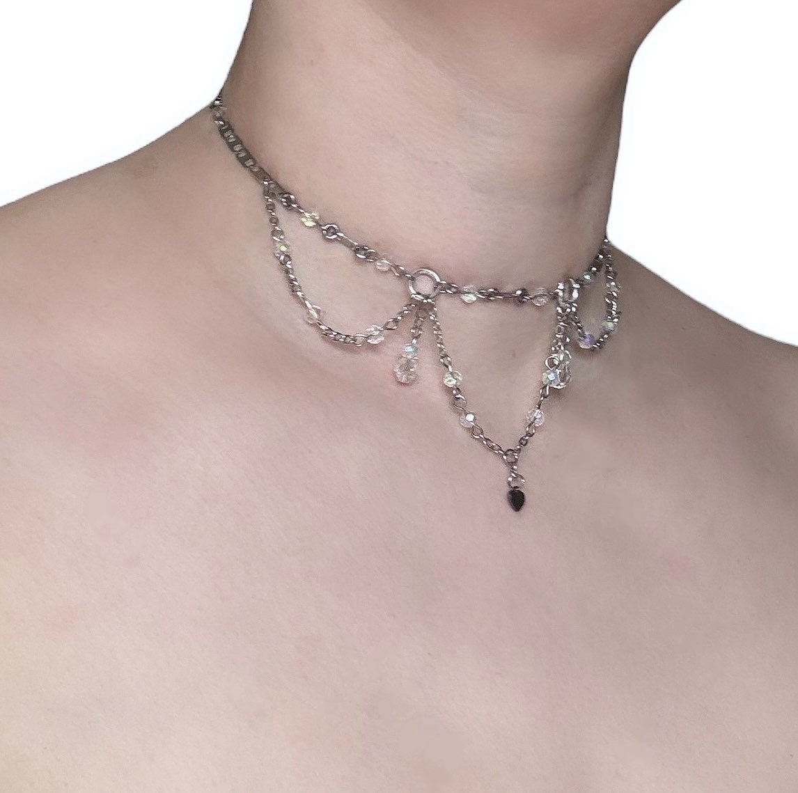 Draped Chain Choker With Faceted Glass Beads, and a Heart Charm - Etsy