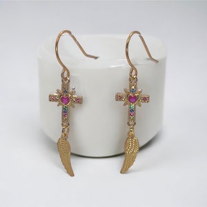 Gold Cubic Zirconia Cross Earrings with Wing Charms | Avant Garde Inspired