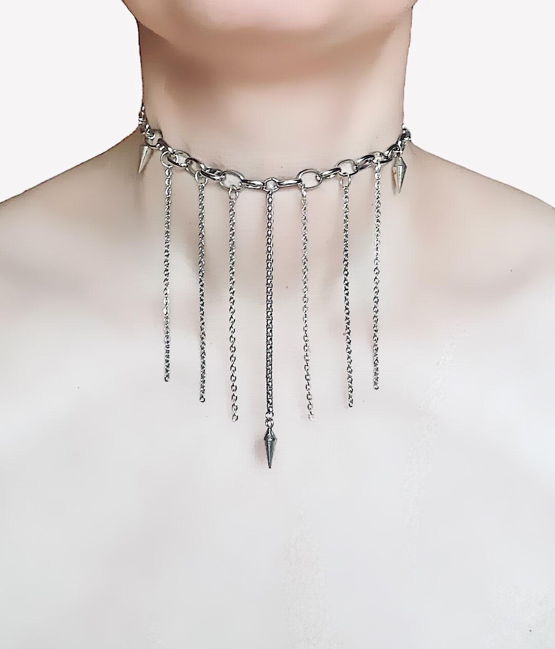 Silver Chunky Chain Choker With Drop Chains and Pendulum Charms