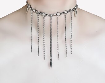 Silver Chunky Chain Choker With Drop Chains and Pendulum Charms