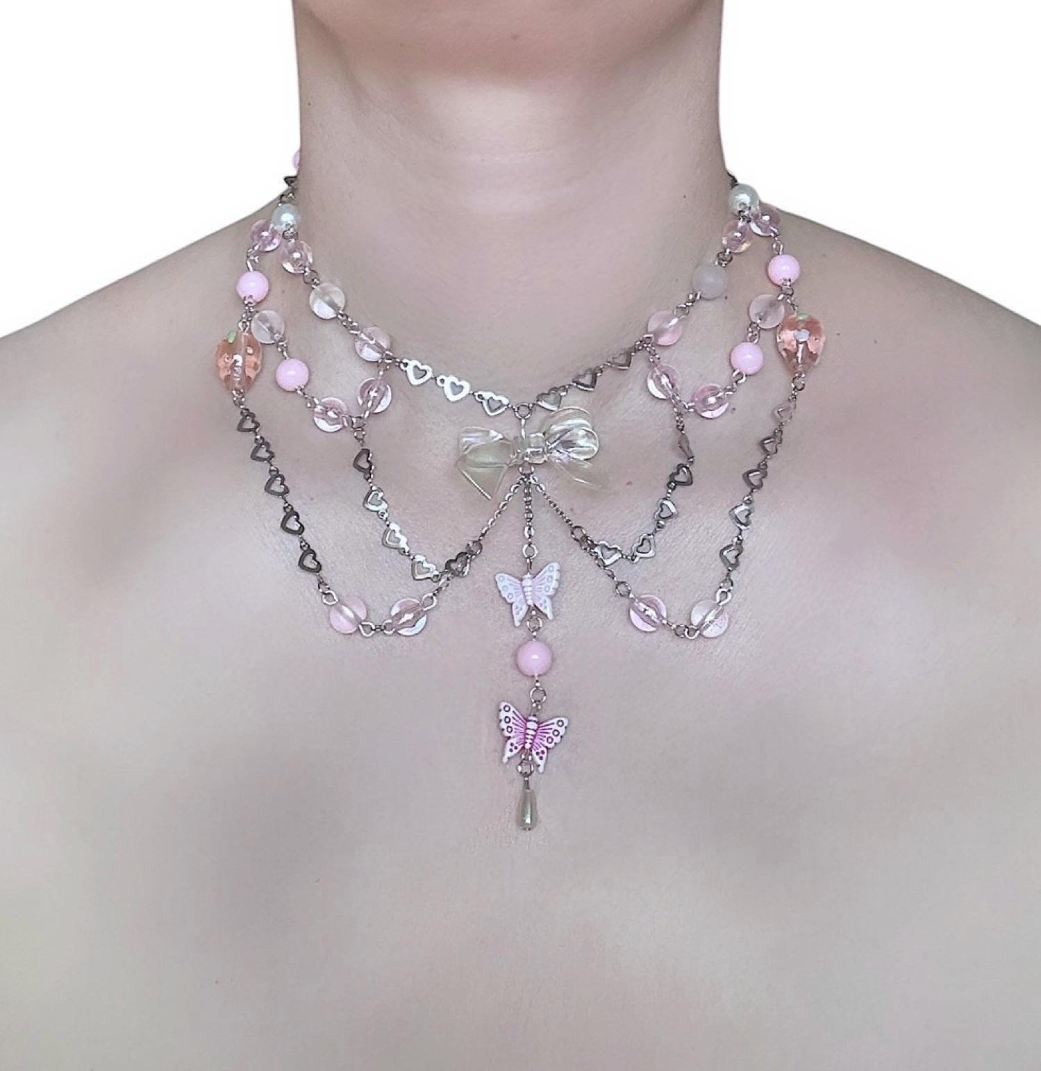 Handmade Bow Butterfly Necklace: Pink Bead Heart Chain - Etsy