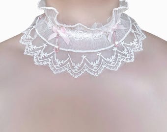 Sweetheart Ruffle Lace Choker with Pink Bows and Teardrops