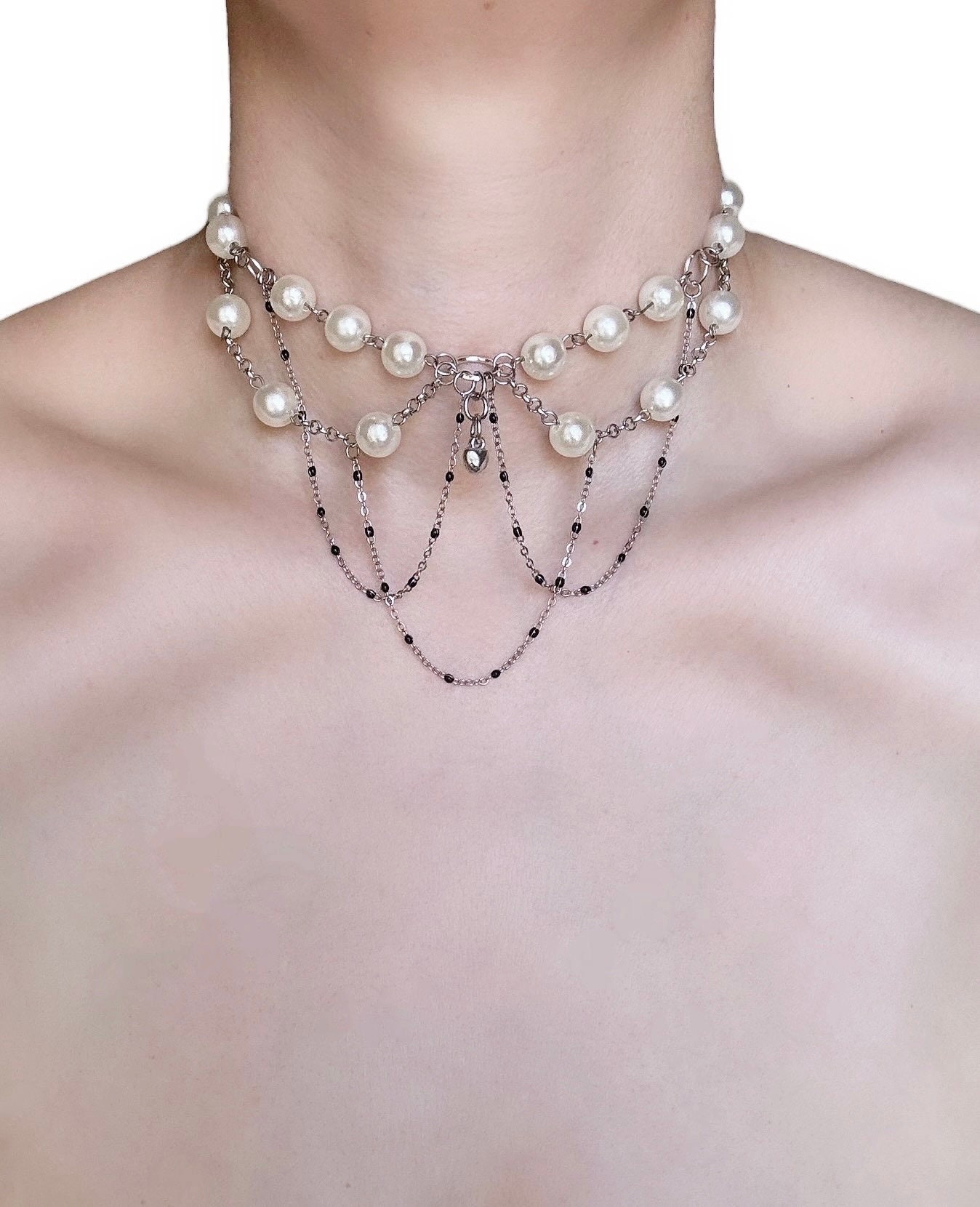 ●VVV● Black Dice Mushroom Pearl Bead Necklace 22FWNK071BKF ○VVV○ Black Dice Mushroom Pearl Bead Necklace 22FWNK071BKF