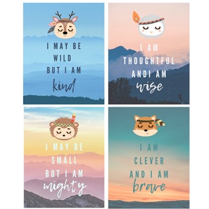 Woodland Animal Affirmation Poster Set: hedgehog, owl, deer, fox