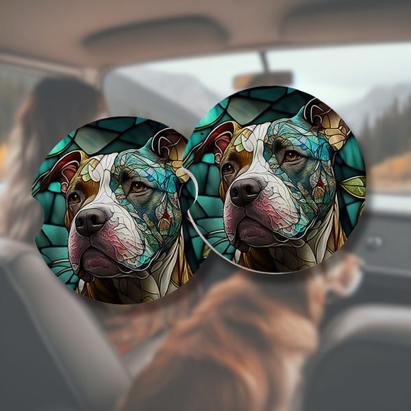 Pit Bull Car Coaster Set of 2, Dog Lover Car Accessories, Stained Glass Style, Pitbull Mama Dad Gift, Pittie Owners Gift, Matte Coaste r