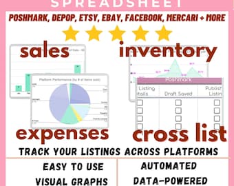 Reseller Spreadsheet Cross List Tracker Google Sheets Flipper sheet Inventory Sales tracker poshmark ebay what not US UK template