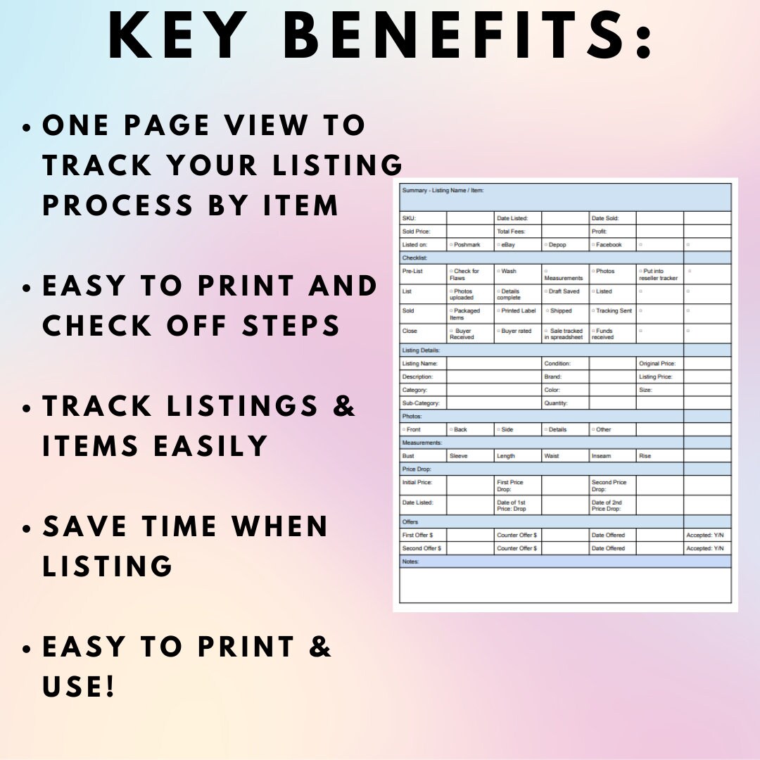 Poshmark Listing Template Tracker Clothing Reseller PDF Depop Mercari ...