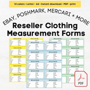 May include: Printable clothing measurement forms for online reselling. The forms are in yellow, blue, and green colors with the text "Measurements" at the top of each form. The forms include measurements such as pit to pit, length, sleeve, shoulder, waist, rise, hips, and inseam.