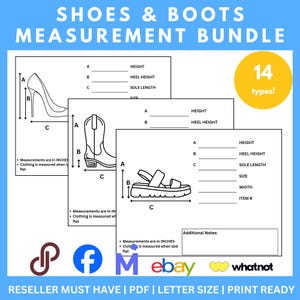 Peut inclure: Modèles de mesure imprimables pour chaussures et bottes pour les vendeurs. Les modèles comprennent des lignes pour enregistrer la hauteur, la hauteur du talon, la longueur de la semelle, la taille, la largeur et le numéro d'article. Le texte "14 types !" est dans un cercle jaune dans le coin supérieur droit de l'image.