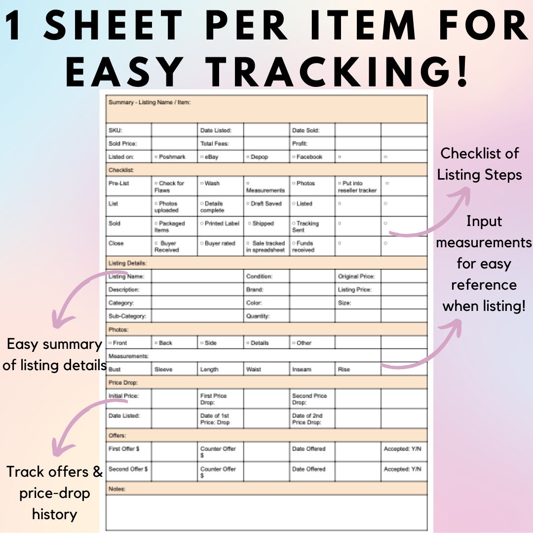 Poshmark Listing Template Tracker Clothing Reseller PDF Depop Mercari ...