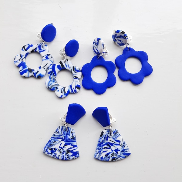 Blue clip-on earrings. cute blue earrings, clip on, polymer clay earrings, gifts for her.