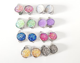 Clip-on glitter studs, colourful earrings. Clip-on studs for women, kids, Kid's earrings, earrings for girls.