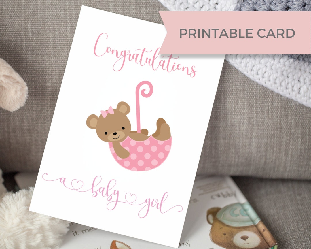 New Baby Girl Card Cute New Baby Card With Bear Printable - Etsy