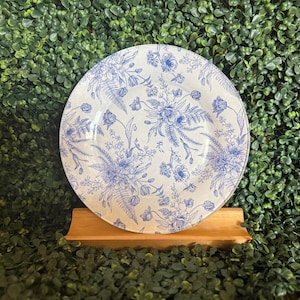Handmade Blue Floral Glass Dinner Plate: Vintage-Inspired Decoupage