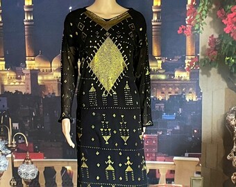 Deluxe GOLD Egyptian Assuit on black dress/galabeya/abaya/tunic   Bellydance  Saiidi